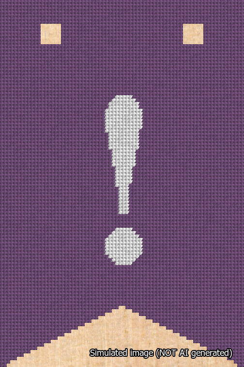 A simulated image of the stitched needlepoint design: Banner 18m Forked Exclamation White on Purple. Not A.I. generated.