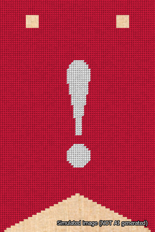 A simulated image of the stitched needlepoint design: Banner 18m Forked Exclamation White on Red. Not A.I. generated.