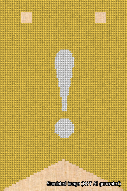 A simulated image of the stitched needlepoint design: Banner 18m Forked Exclamation White on Yellow. Not A.I. generated.