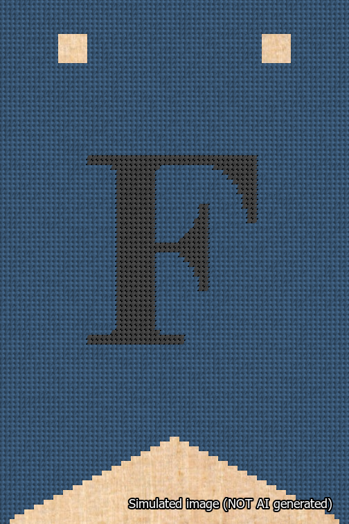 A simulated image of the stitched needlepoint design: Banner 18m Forked F Black on Blue. Not A.I. generated.