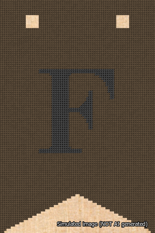 A simulated image of the stitched needlepoint design: Banner 18m Forked F Black on Brown. Not A.I. generated.