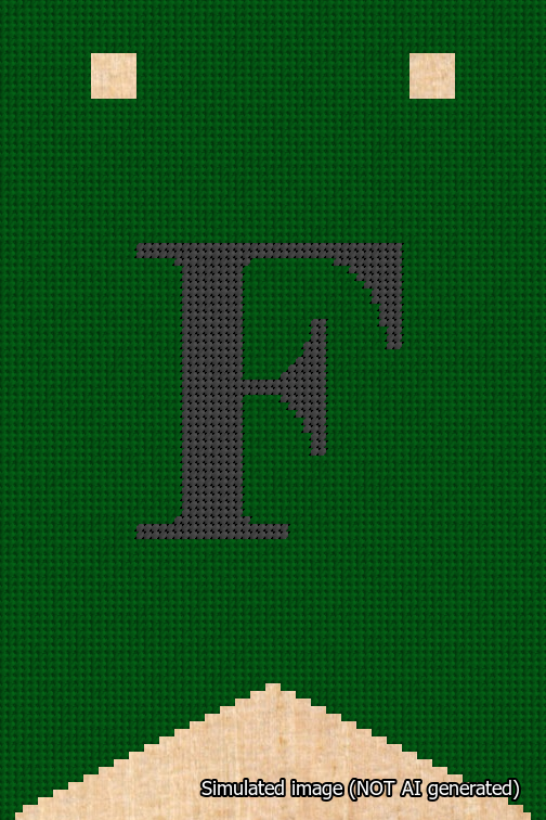 A simulated image of the stitched needlepoint design: Banner 18m Forked F Black on Green. Not A.I. generated.