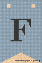 A simulated image of the stitched needlepoint design: Banner 18m Forked F Black on Light Blue. Not A.I. generated.