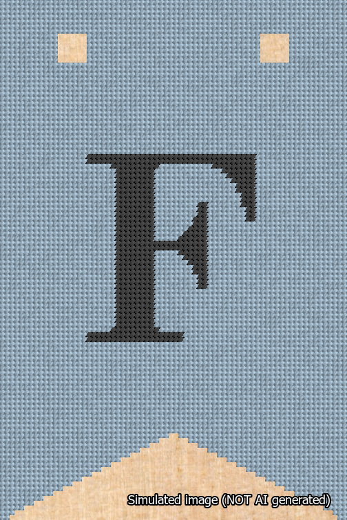 A simulated image of the stitched needlepoint design: Banner 18m Forked F Black on Light Blue. Not A.I. generated.