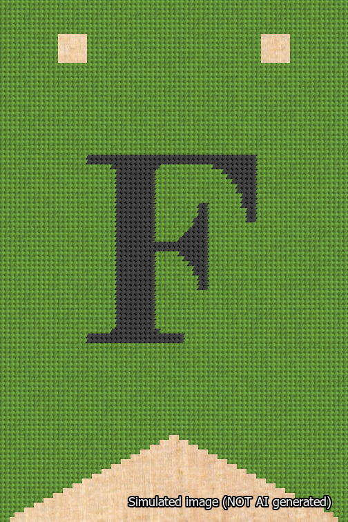 A simulated image of the stitched needlepoint design: Banner 18m Forked F Black on Light Green. Not A.I. generated.