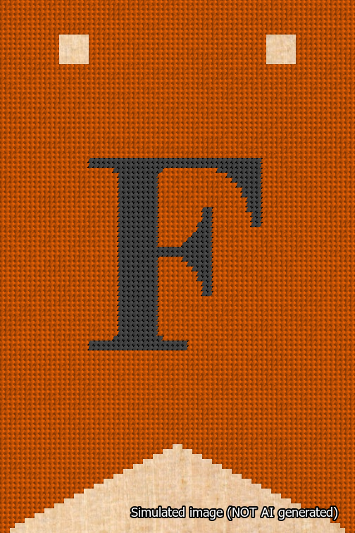 A simulated image of the stitched needlepoint design: Banner 18m Forked F Black on Orange. Not A.I. generated.