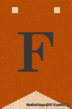 A simulated image of the stitched needlepoint design: Banner 18m Forked F Black on Orange. Not A.I. generated.