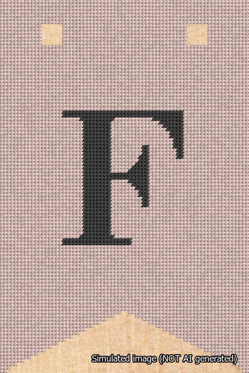 A simulated image of the stitched needlepoint design: Banner 18m Forked F Black on Pink. Not A.I. generated.