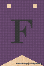 A simulated image of the stitched needlepoint design: Banner 18m Forked F Black on Purple. Not A.I. generated.