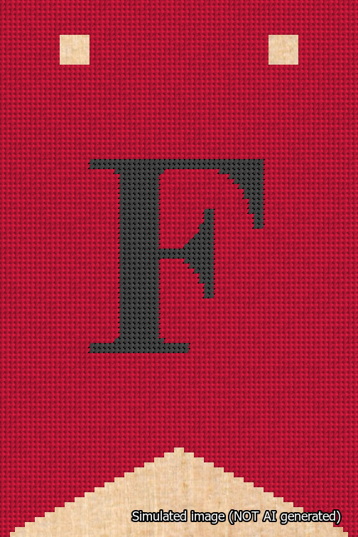 A simulated image of the stitched needlepoint design: Banner 18m Forked F Black on Red. Not A.I. generated.