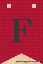 A simulated image of the stitched needlepoint design: Banner 18m Forked F Black on Red. Not A.I. generated.