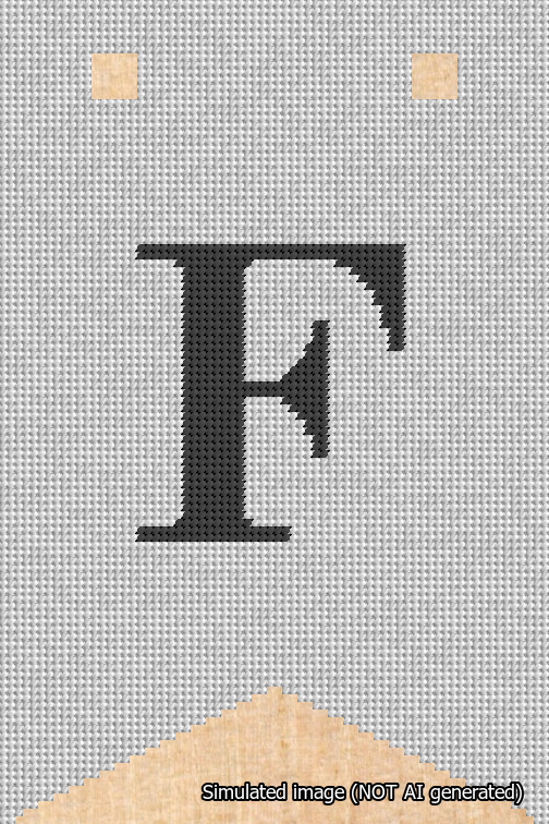 A simulated image of the stitched needlepoint design: Banner 18m Forked F Black on White. Not A.I. generated.