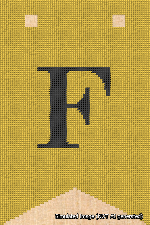 A simulated image of the stitched needlepoint design: Banner 18m Forked F Black on Yellow. Not A.I. generated.