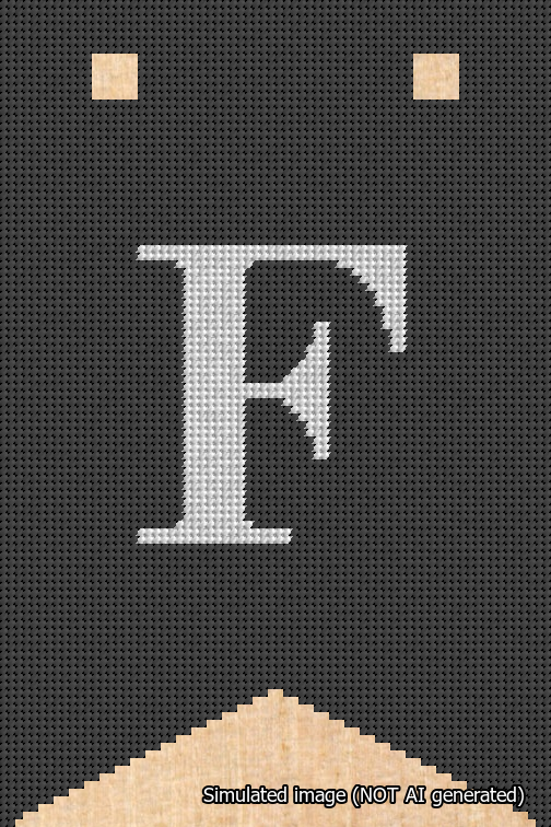 A simulated image of the stitched needlepoint design: Banner 18m Forked F White on Black. Not A.I. generated.