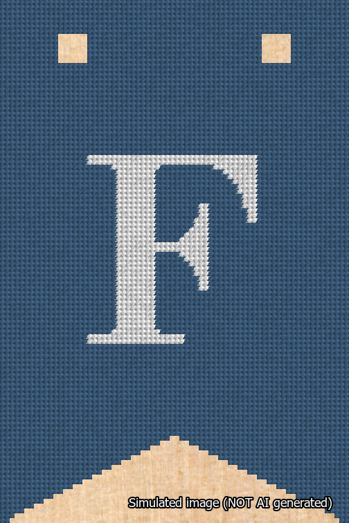 A simulated image of the stitched needlepoint design: Banner 18m Forked F White on Blue. Not A.I. generated.