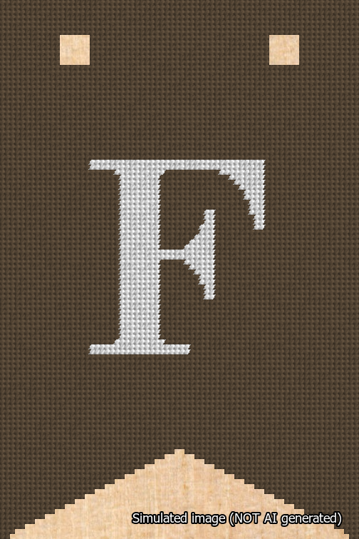 A simulated image of the stitched needlepoint design: Banner 18m Forked F White on Brown. Not A.I. generated.