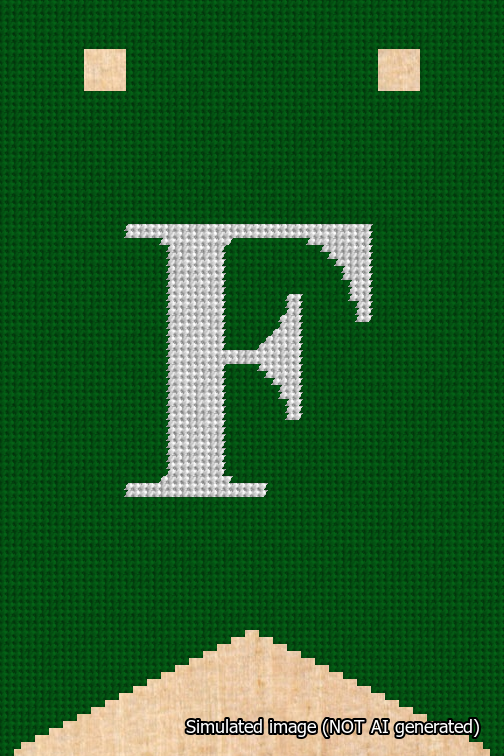 A simulated image of the stitched needlepoint design: Banner 18m Forked F White on Green. Not A.I. generated.