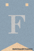 A simulated image of the stitched needlepoint design: Banner 18m Forked F White on Light Blue. Not A.I. generated.