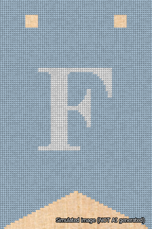 A simulated image of the stitched needlepoint design: Banner 18m Forked F White on Light Blue. Not A.I. generated.