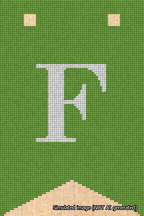 A simulated image of the stitched needlepoint design: Banner 18m Forked F White on Light Green. Not A.I. generated.