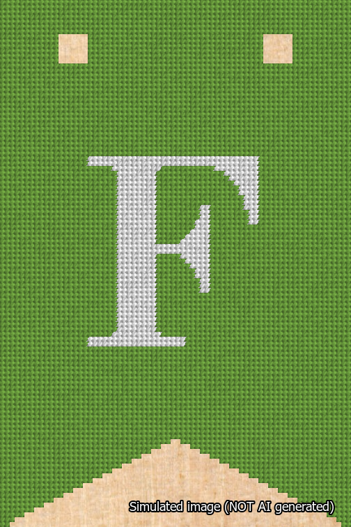 A simulated image of the stitched needlepoint design: Banner 18m Forked F White on Light Green. Not A.I. generated.