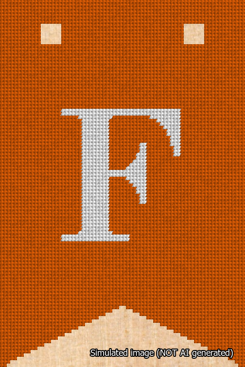 A simulated image of the stitched needlepoint design: Banner 18m Forked F White on Orange. Not A.I. generated.