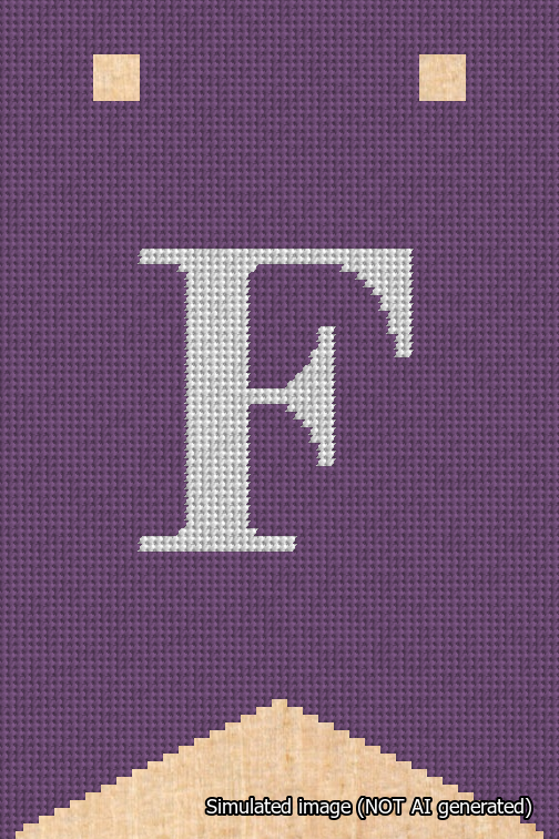 A simulated image of the stitched needlepoint design: Banner 18m Forked F White on Purple. Not A.I. generated.