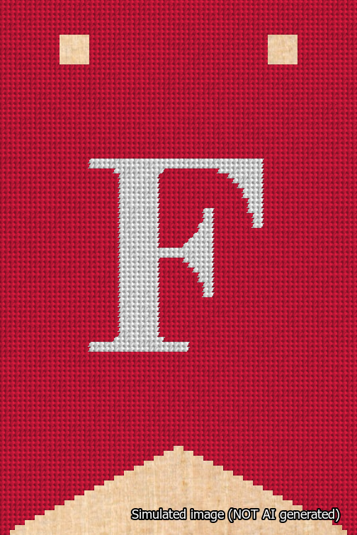 A simulated image of the stitched needlepoint design: Banner 18m Forked F White on Red. Not A.I. generated.