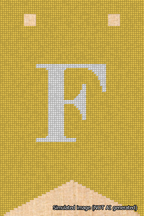 A simulated image of the stitched needlepoint design: Banner 18m Forked F White on Yellow. Not A.I. generated.