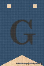 A simulated image of the stitched needlepoint design: Banner 18m Forked G Black on Blue. Not A.I. generated.