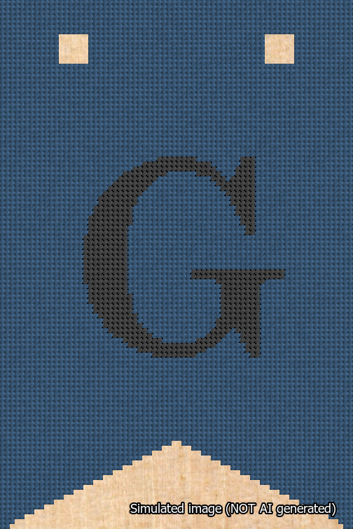 A simulated image of the stitched needlepoint design: Banner 18m Forked G Black on Blue. Not A.I. generated.