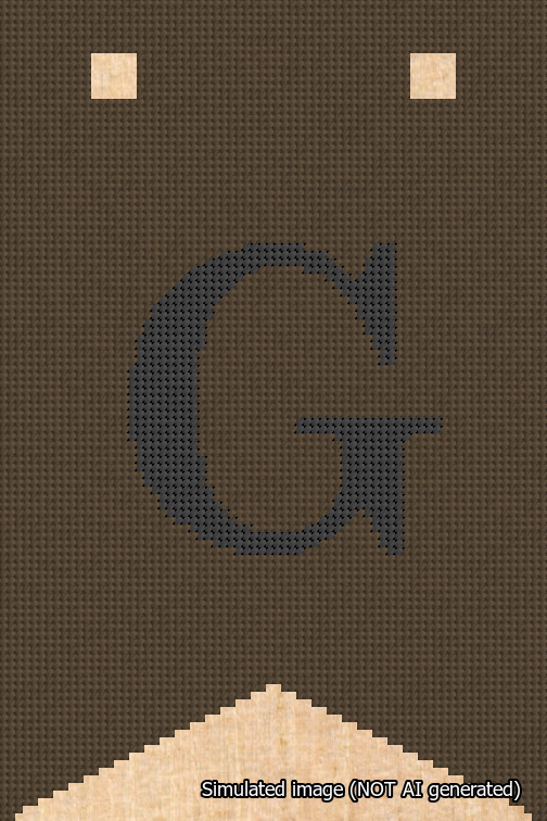 A simulated image of the stitched needlepoint design: Banner 18m Forked G Black on Brown. Not A.I. generated.
