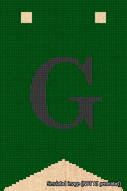 A simulated image of the stitched needlepoint design: Banner 18m Forked G Black on Green. Not A.I. generated.