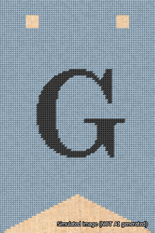A simulated image of the stitched needlepoint design: Banner 18m Forked G Black on Light Blue. Not A.I. generated.