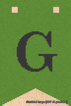 A simulated image of the stitched needlepoint design: Banner 18m Forked G Black on Light Green. Not A.I. generated.