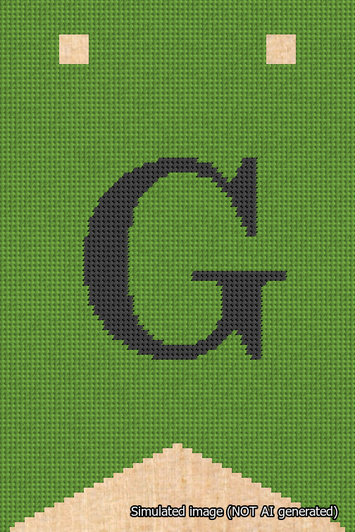 A simulated image of the stitched needlepoint design: Banner 18m Forked G Black on Light Green. Not A.I. generated.