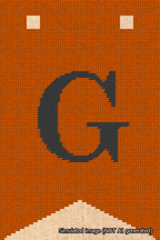 A simulated image of the stitched needlepoint design: Banner 18m Forked G Black on Orange. Not A.I. generated.