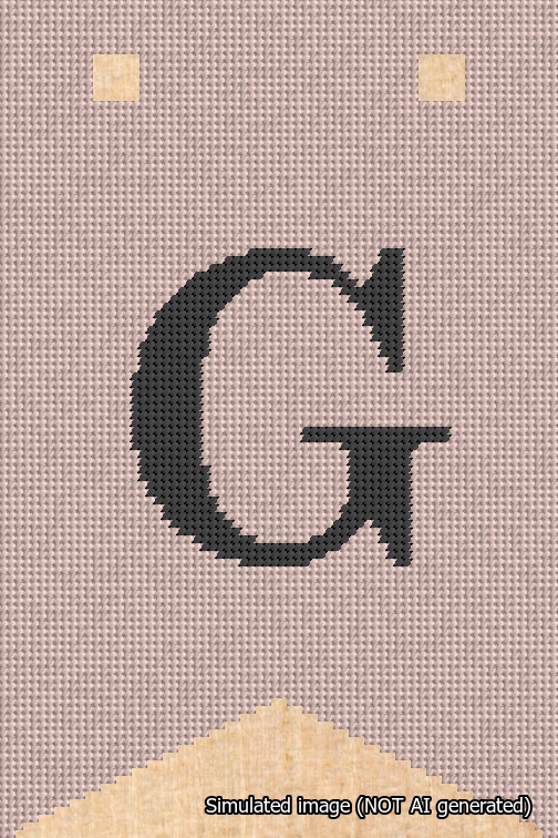 A simulated image of the stitched needlepoint design: Banner 18m Forked G Black on Pink. Not A.I. generated.