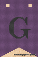 A simulated image of the stitched needlepoint design: Banner 18m Forked G Black on Purple. Not A.I. generated.