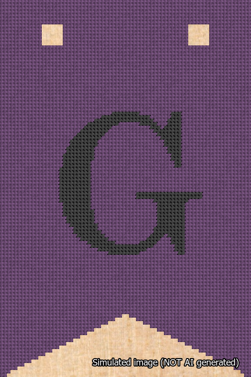 A simulated image of the stitched needlepoint design: Banner 18m Forked G Black on Purple. Not A.I. generated.