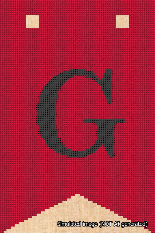 A simulated image of the stitched needlepoint design: Banner 18m Forked G Black on Red. Not A.I. generated.