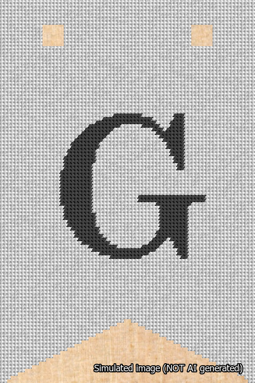 A simulated image of the stitched needlepoint design: Banner 18m Forked G Black on White. Not A.I. generated.