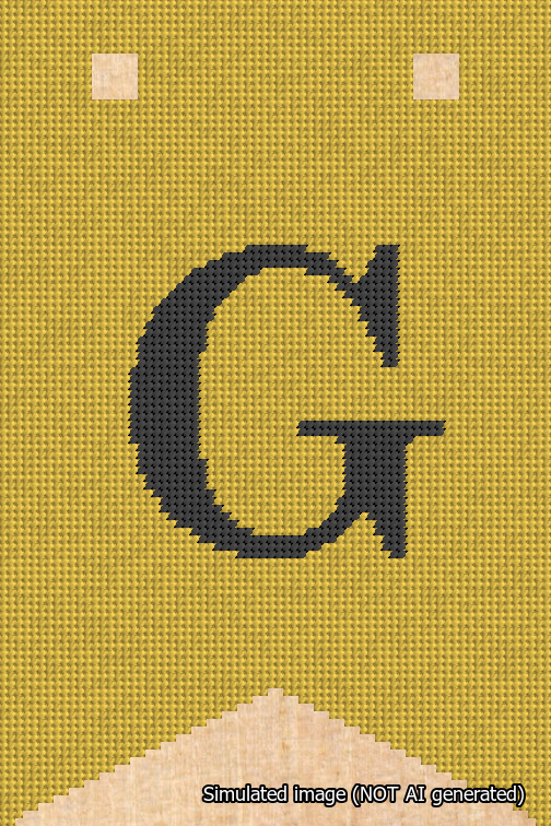 A simulated image of the stitched needlepoint design: Banner 18m Forked G Black on Yellow. Not A.I. generated.