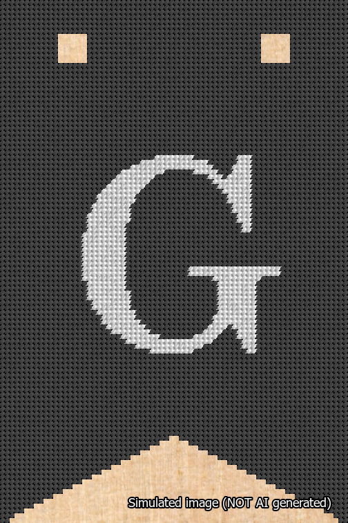 A simulated image of the stitched needlepoint design: Banner 18m Forked G White on Black. Not A.I. generated.