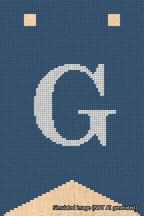 A simulated image of the stitched needlepoint design: Banner 18m Forked G White on Blue. Not A.I. generated.