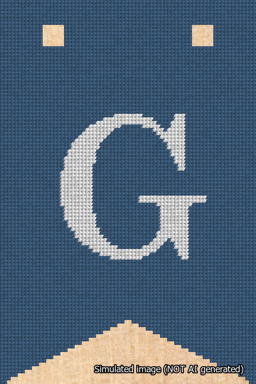 A simulated image of the stitched needlepoint design: Banner 18m Forked G White on Blue. Not A.I. generated.