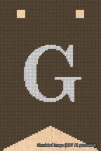 A simulated image of the stitched needlepoint design: Banner 18m Forked G White on Brown. Not A.I. generated.