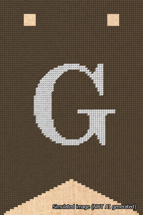 A simulated image of the stitched needlepoint design: Banner 18m Forked G White on Brown. Not A.I. generated.