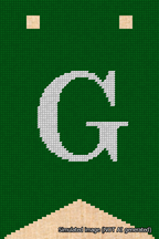 A simulated image of the stitched needlepoint design: Banner 18m Forked G White on Green. Not A.I. generated.