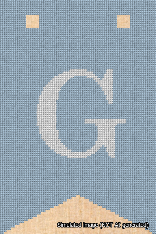 A simulated image of the stitched needlepoint design: Banner 18m Forked G White on Light Blue. Not A.I. generated.